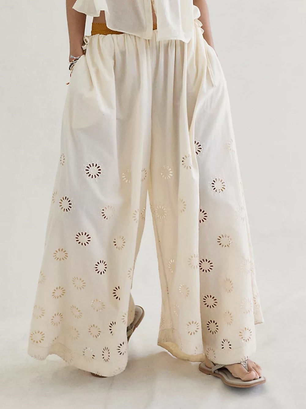 Free People Sweet Serenade Pull-On Wide-Leg Pants in Sandshore Cream NWT